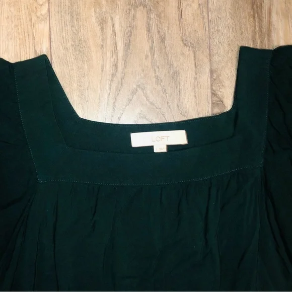 LOFT Dark Emerald Green Ruffle Sleeve Square Neck Embroidered Blouse Top Size S - Picture 3 of 11
